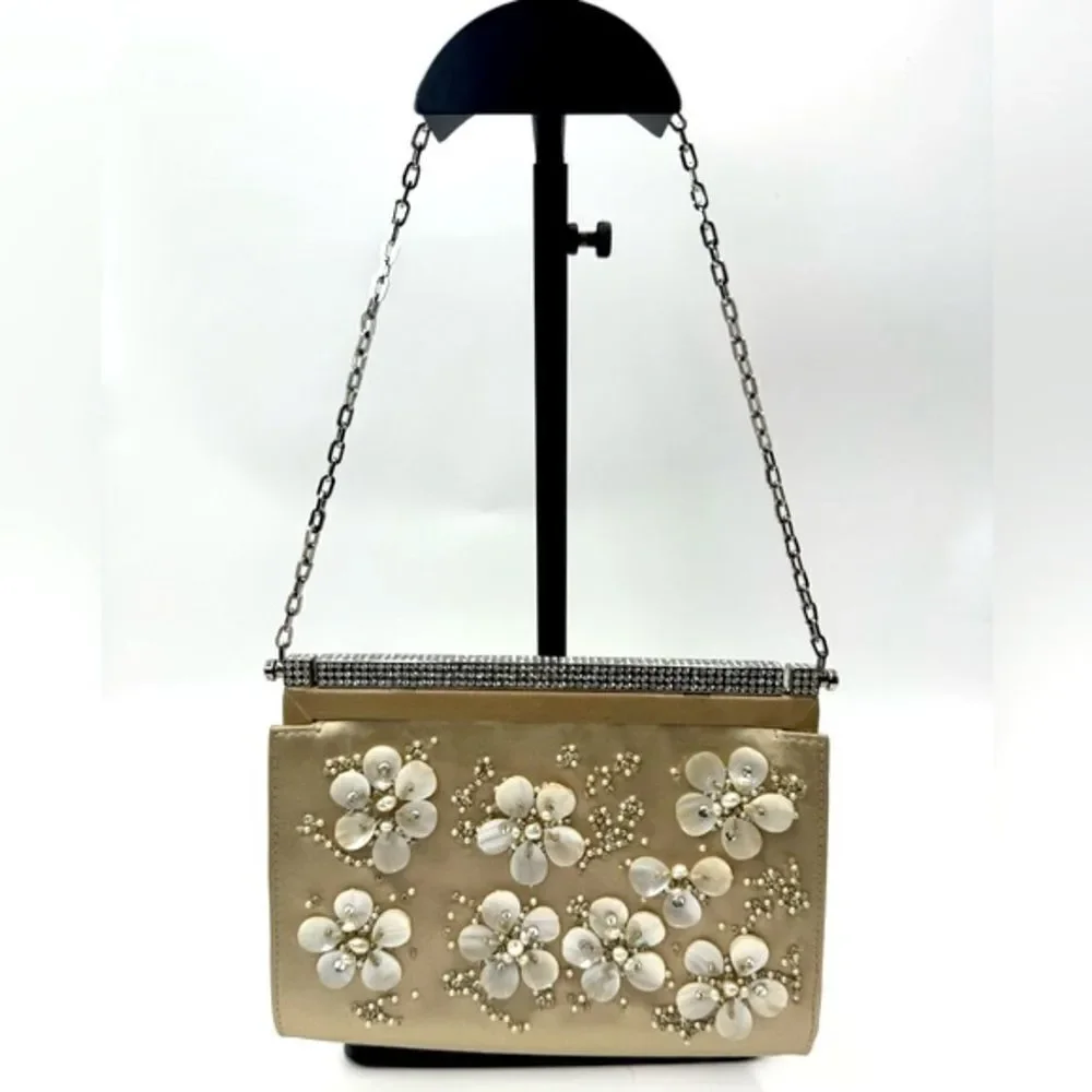 Auth Valentino Silk Floral Embroidered Crystal Framed Clutch Chain Evening Bag